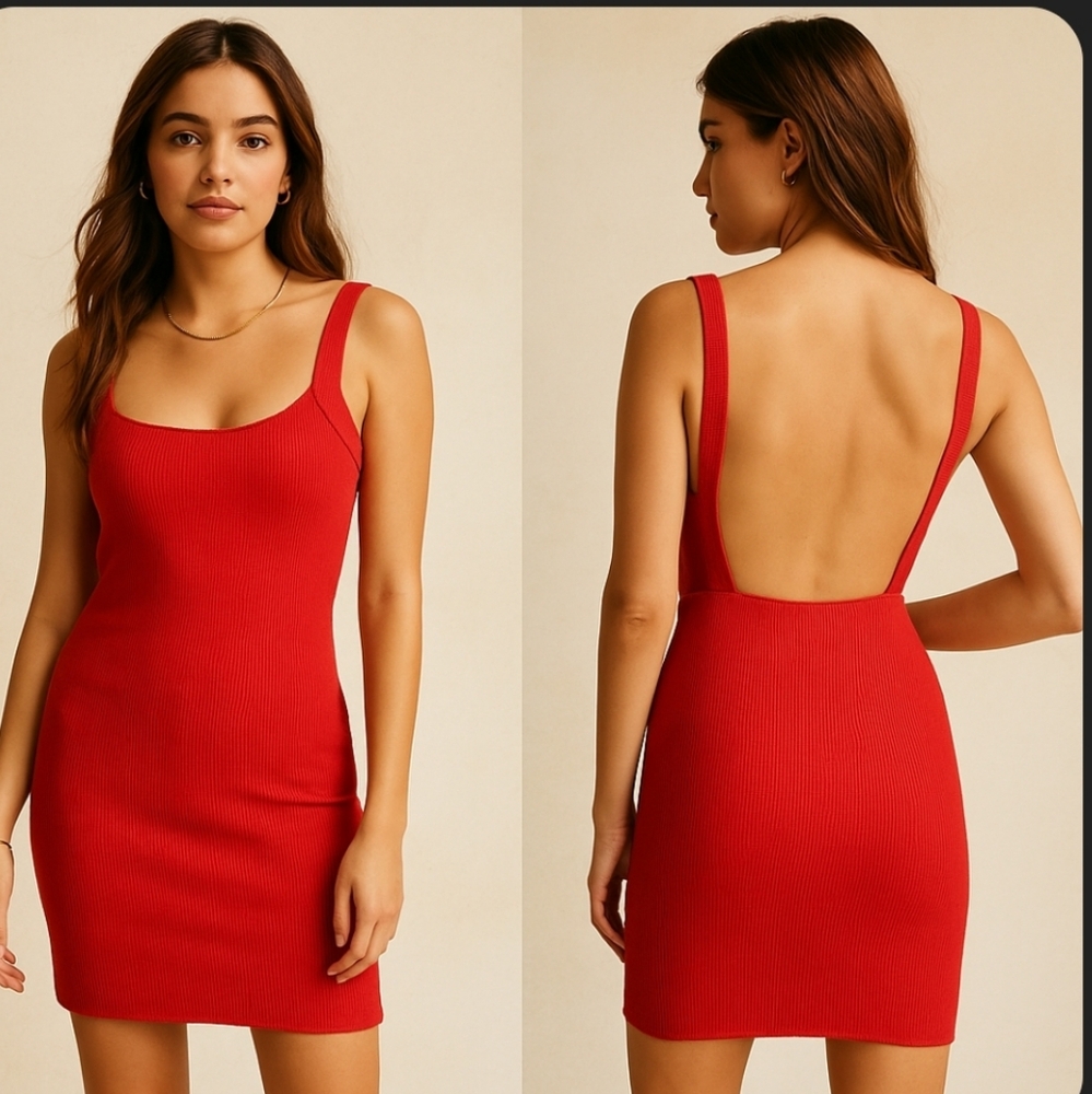 Reformation Janelle Dress in Red Ribbed Backless